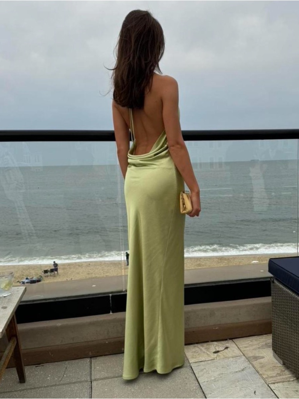 Meshki Satin Backless Halter Maxi Dress in Matcha Green